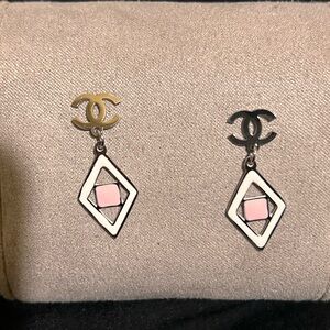 CHANEL Pink and White Diamond Drop Logo Earring
